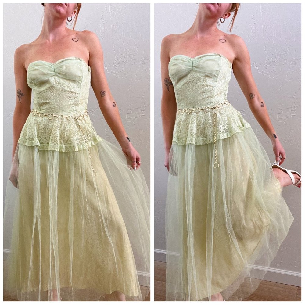 Vintage Pale Green Lace & Tulle Midi Dress